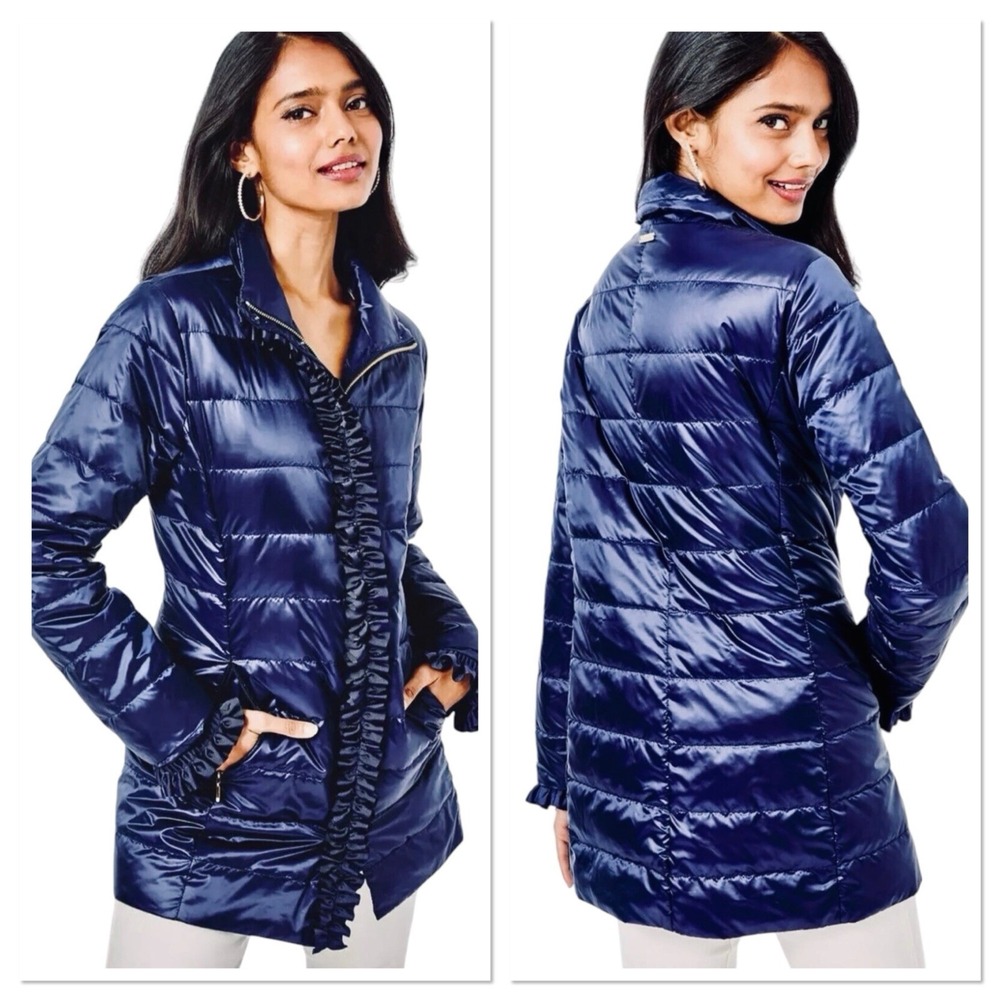 Lilly Pulitzer Doria Jacket Womens 10 Navy Blue Puffer Quilted Gold Zippers Coat